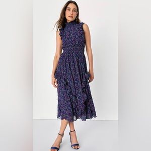 Lulus Evalina Navy Blue Floral Print Mock Neck Midi Dress Sz S